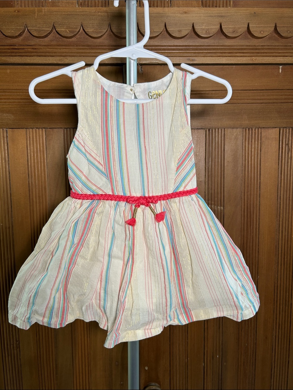Genuine Kids from Oshkosh Girls Striped Dress w Coral Braided Belt Size 12M